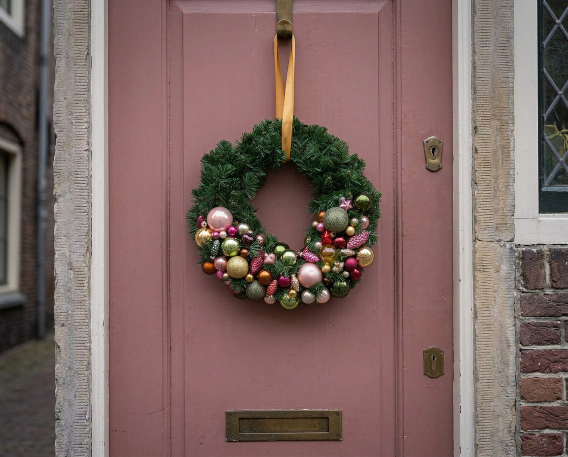 Unieke kerstkrans aan een oudroze voordeur